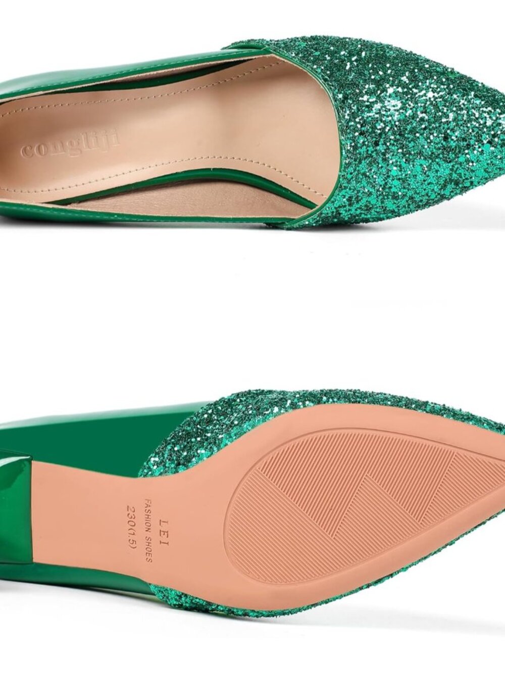 Women's Green Kitten High Heels 2 Inch Sequin Pointed Toe Leather Pumps Shoes - Picture 4 of 6